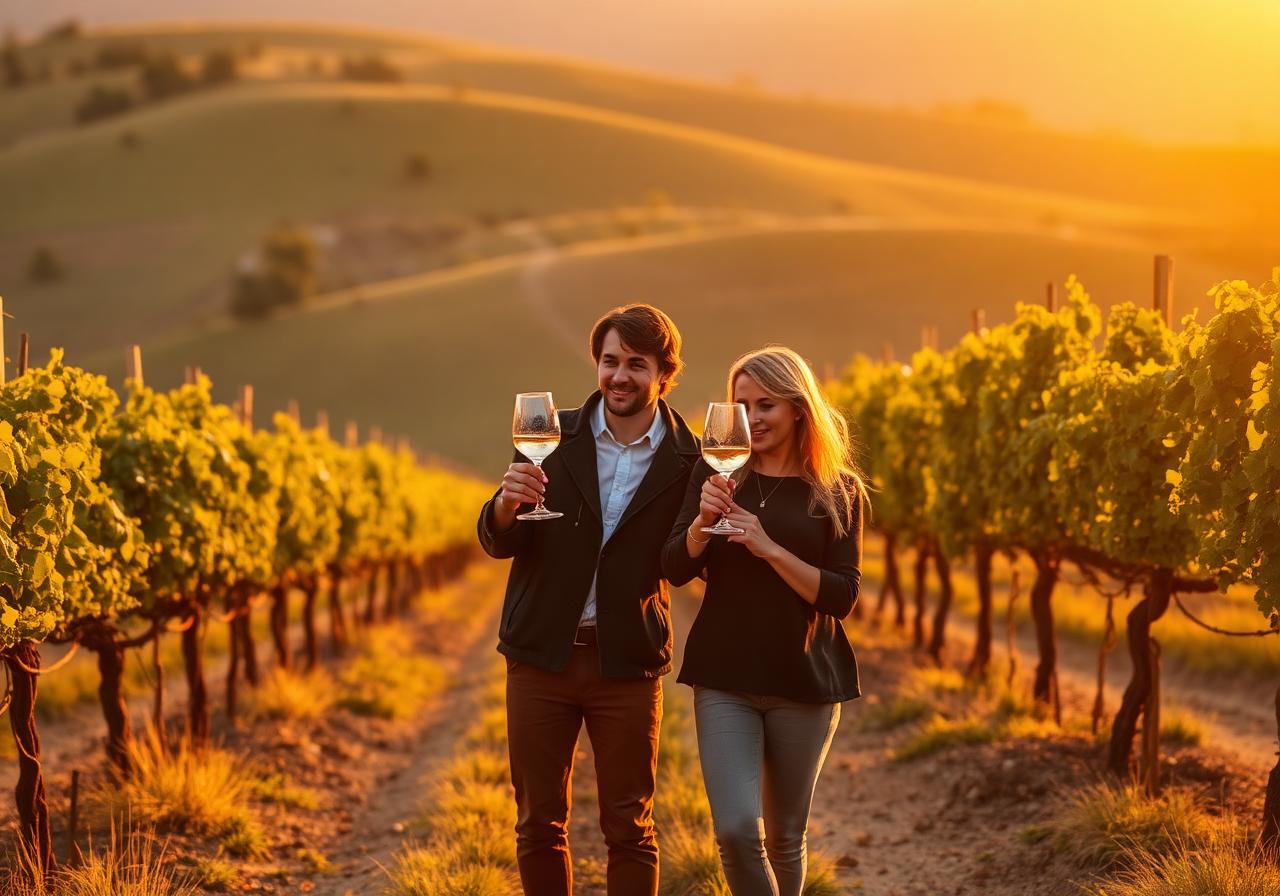 Wine glasses overlooking a vineyard at sunset — digital wine trail passport experience